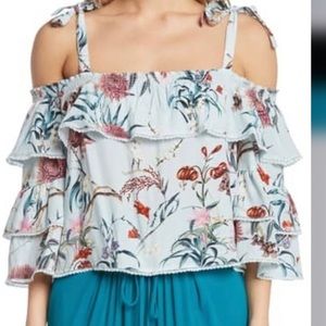 Willow & Clay Floral Ruffle Top -Embroidery Off the Shoulder TIE BOW STRAPS